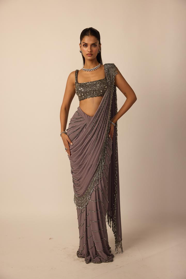Metallic Grey Linear Draped Saree
