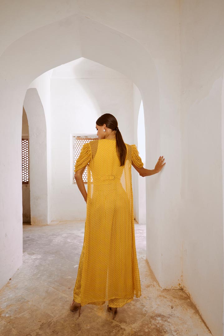 Image of Gulbahar Daisy Yellow Sheesha Koti with Chiffon jacket and loose pant set.