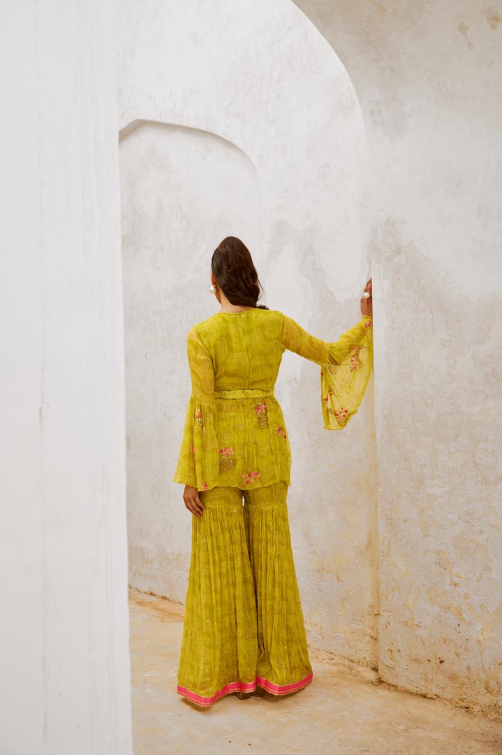 Image of Gulbahar Lemon Green Guldasta tunic with jugnu Sharara and belt set