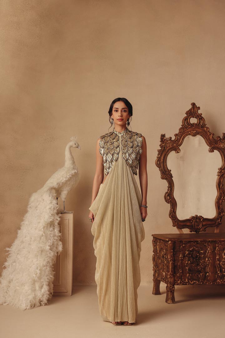 Gold Hand Embroidered Feathers Draped Saree Gown