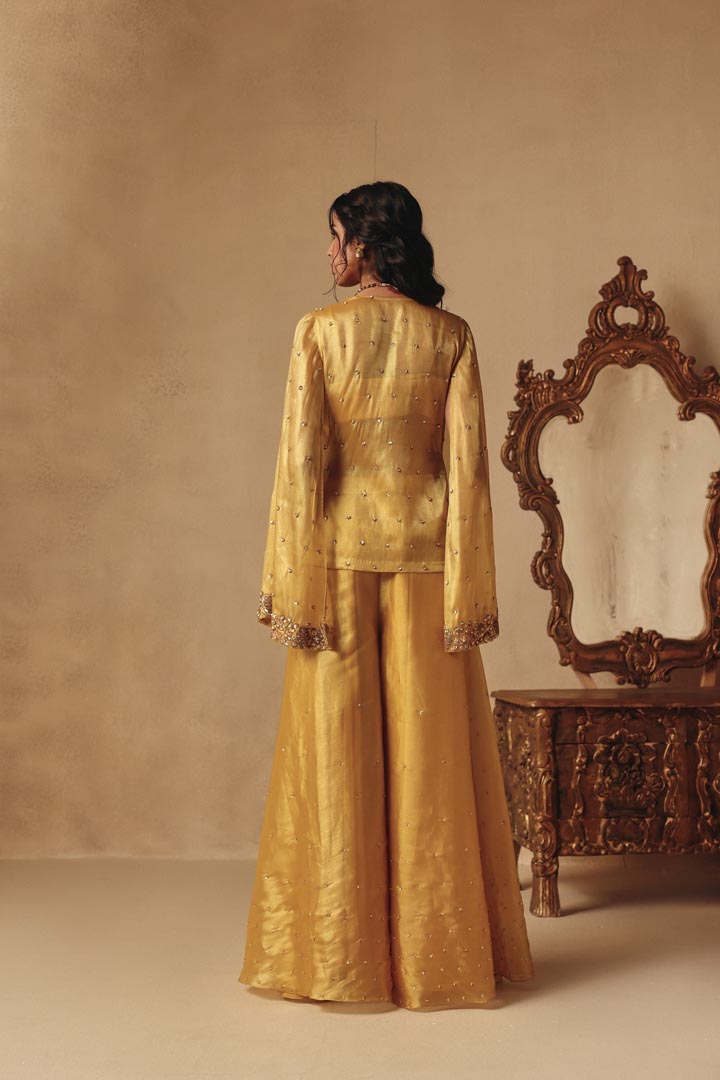 Yellow Shimmer Hand Embroidery Drape Sleeves Jacket