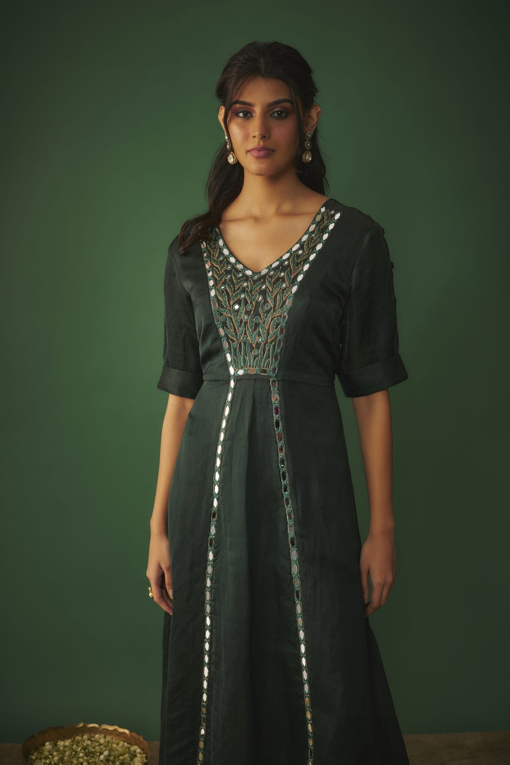 Image of EMERALD GREEN MIRROR WORK EMBROIDERED KURTA PANT SET