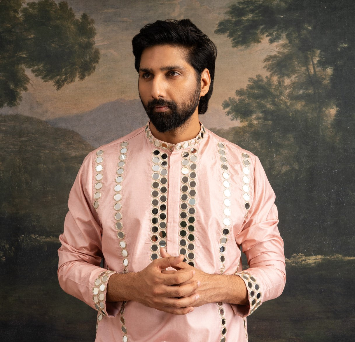 clay pink full hand embroidred mirror work kurta set