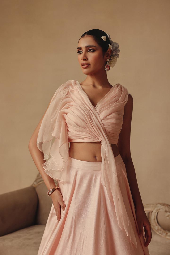 Pink Dreamy Hand Embroidery with Drape Blouse Lehenga
