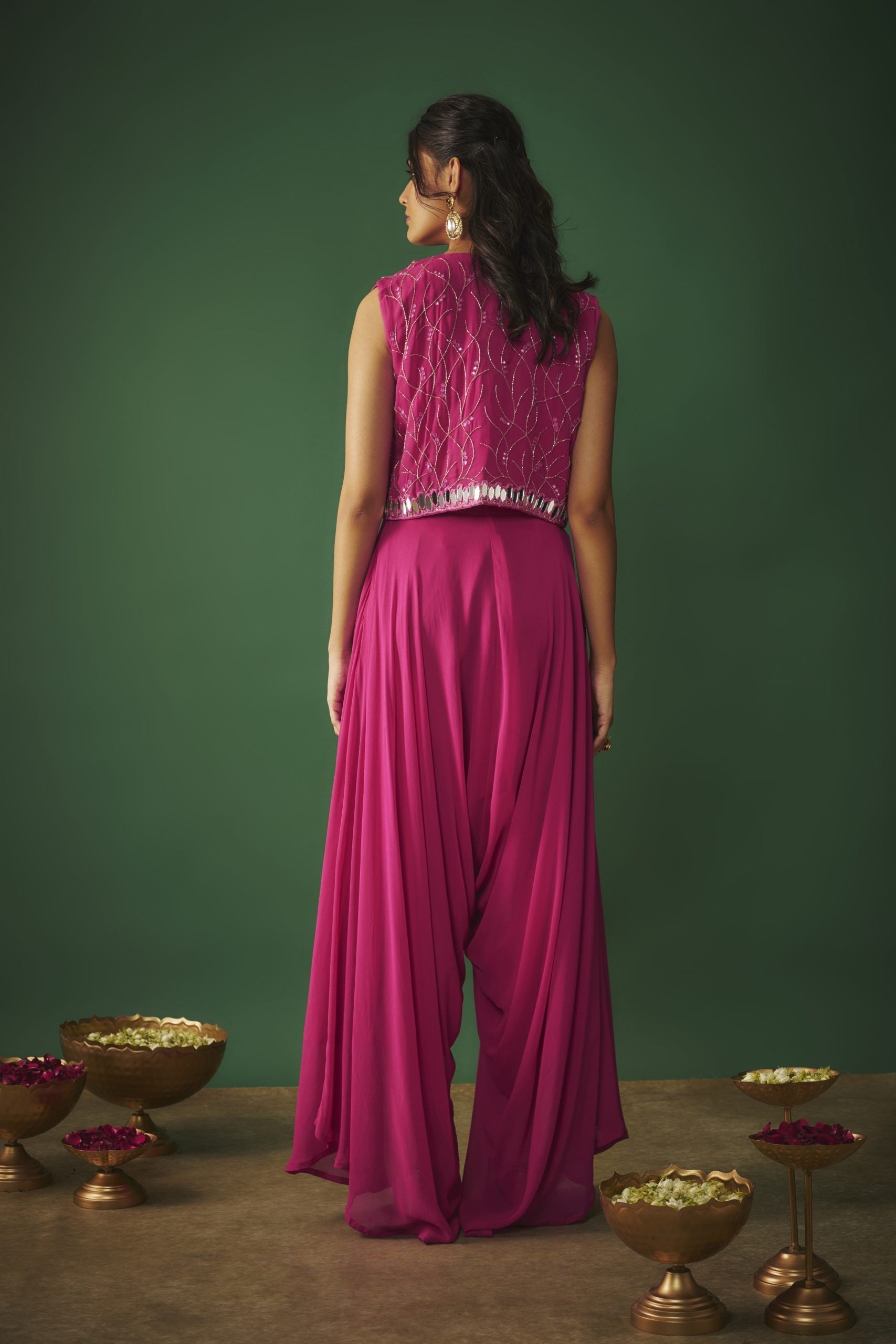 Image of MAGENTA PINK MIRROR EMBROIDERED CHOLI, DHOTI AND CROP JACKET SET