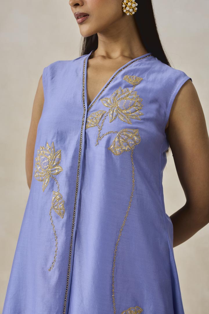 Ink Blue Chanderi Applique Work Kurta Set with Palazzo