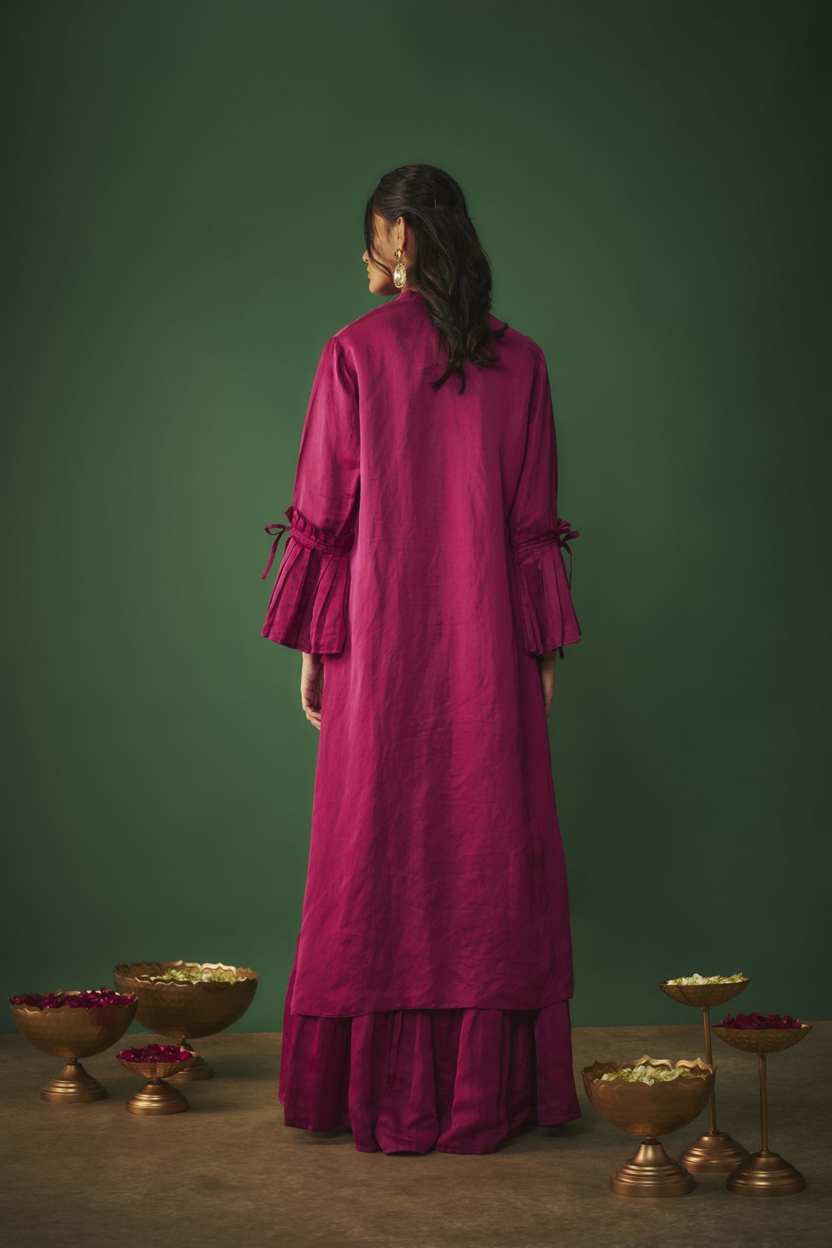 Image of MAGENTA PINK EMBROIDERED ASYMMETRICAL KURTA AND SHARARA SET