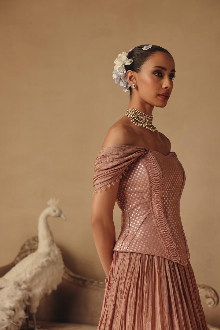 Pink Corset Pearl Drape Sleeves Lehenga