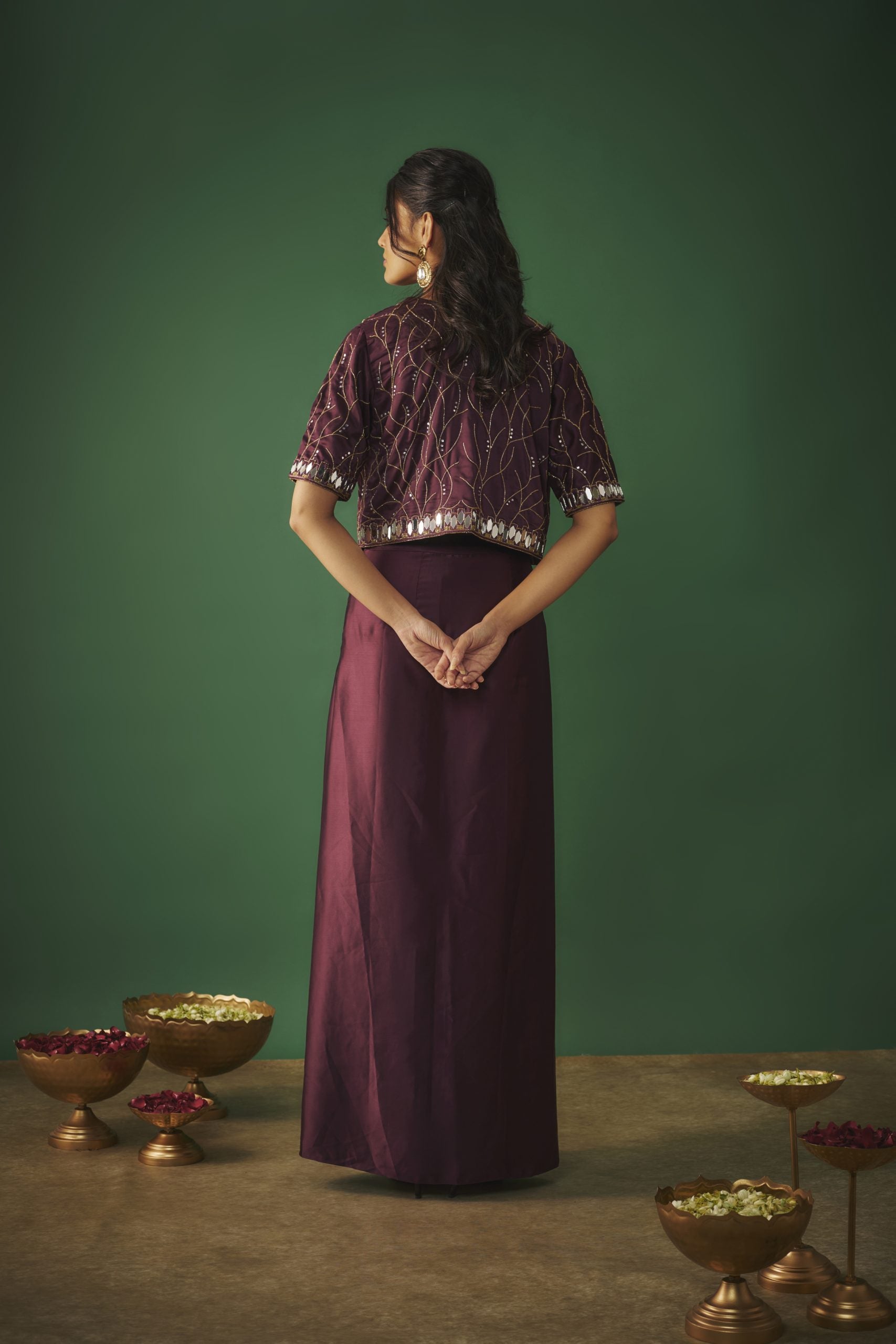 Image of WINE MIRROR EMBROIDERED CHOLI, DHOTI SKIRT AND CROP JACKET SET