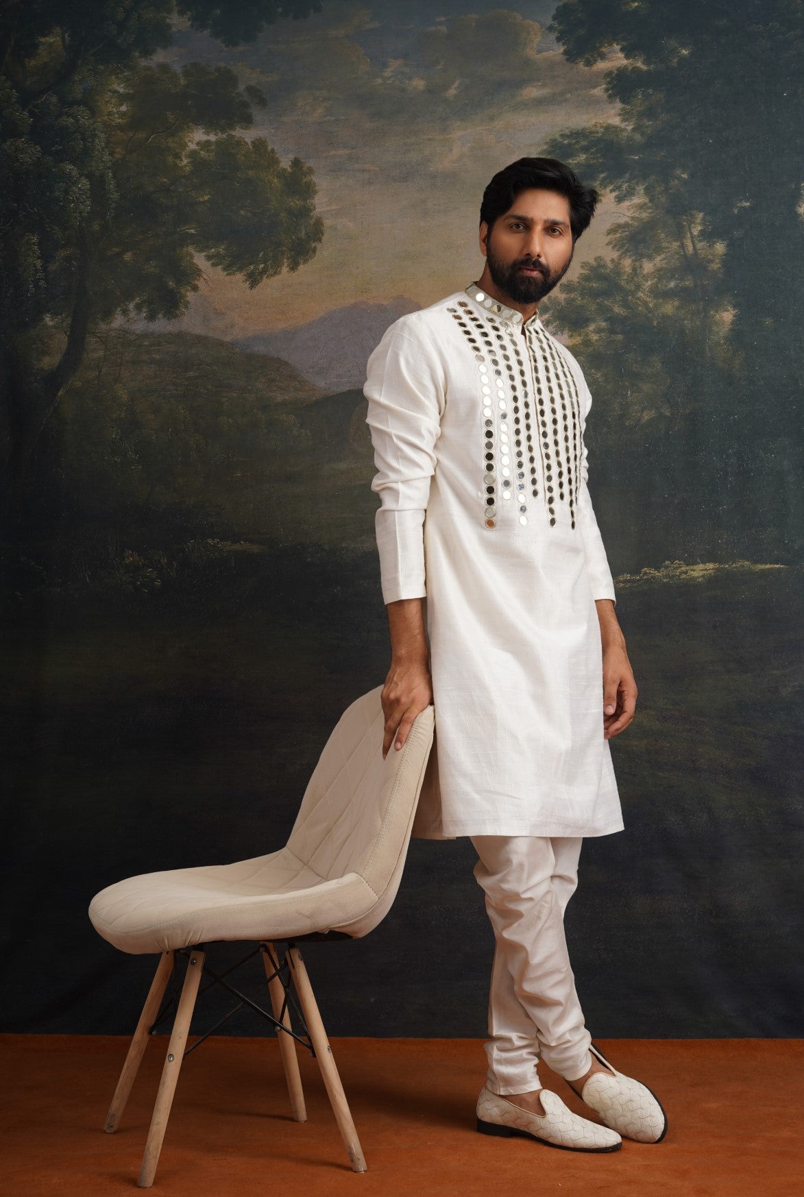 Hand embroidered ivory Mirror Work Kurta with Matching pant