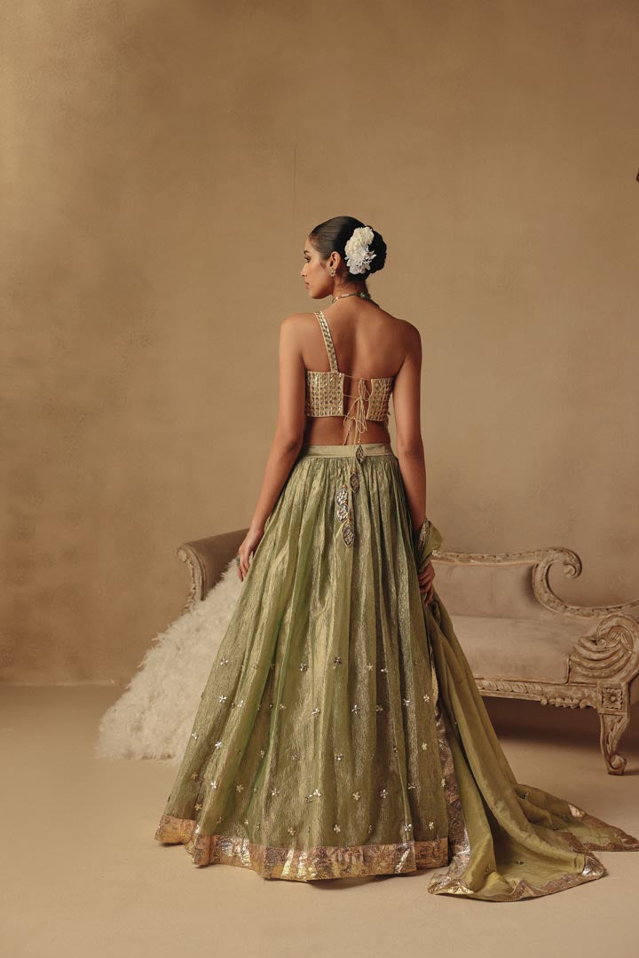 Green Peacock Hand Embroidery Lehenga
