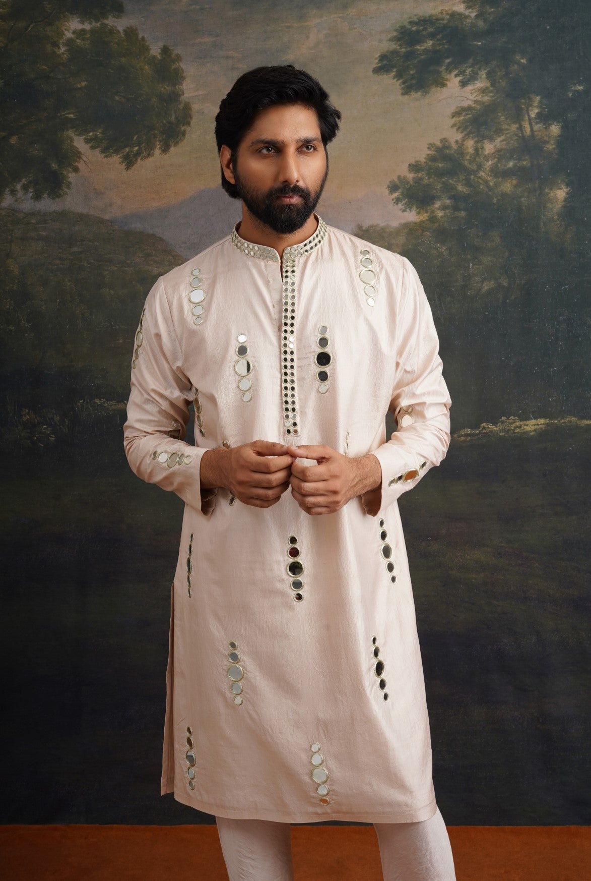 Beige hand embroidered Mirror Work Kurta with Matching Pant