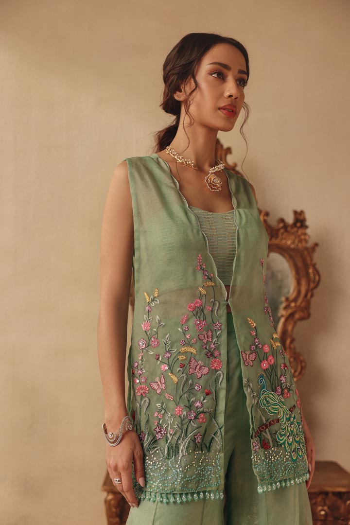 Hand Embroidered Scenery Flared Pant Jacket Set