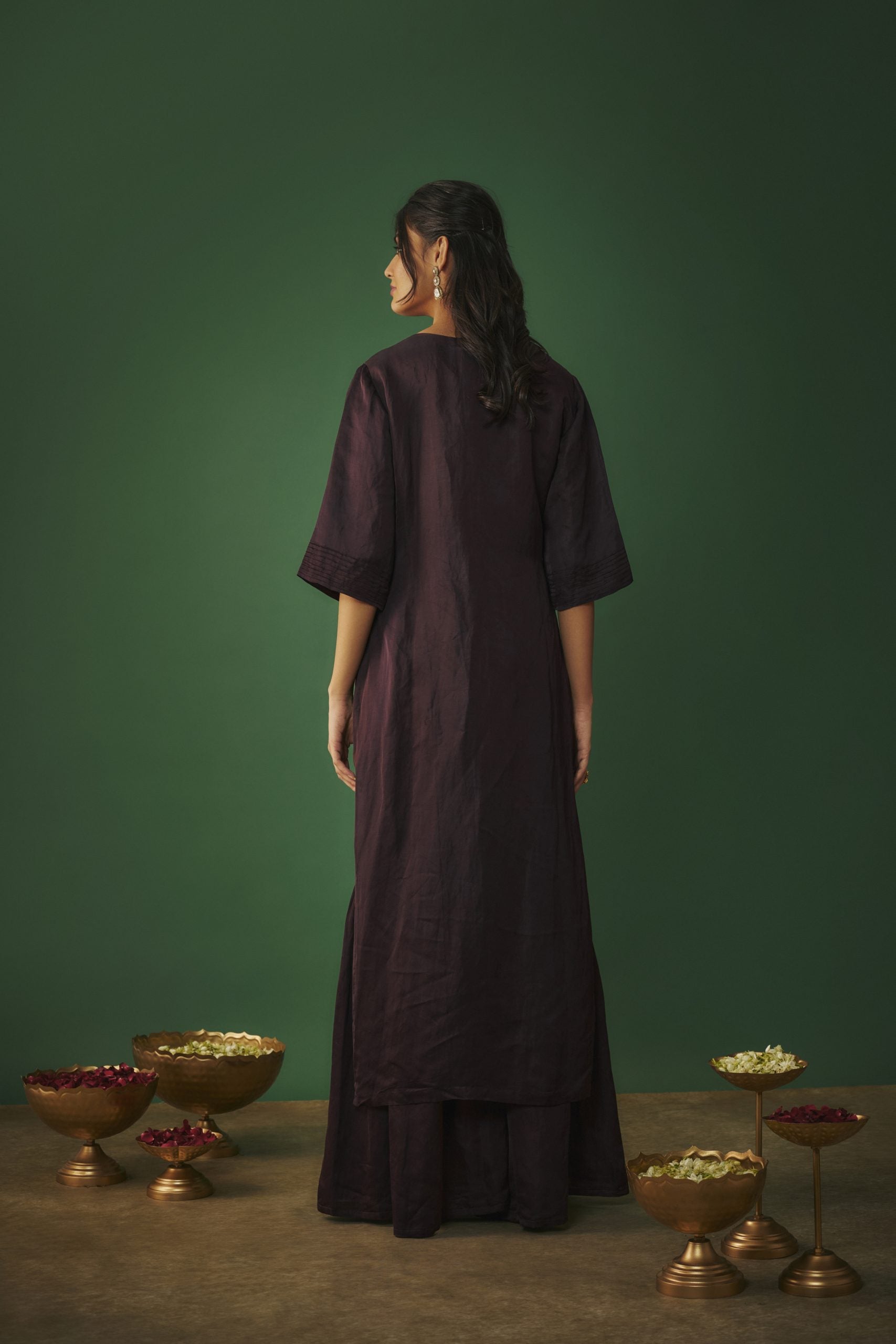 Image of WINE EMBROIDERED HI LOW KURTA AND SHARARA SET