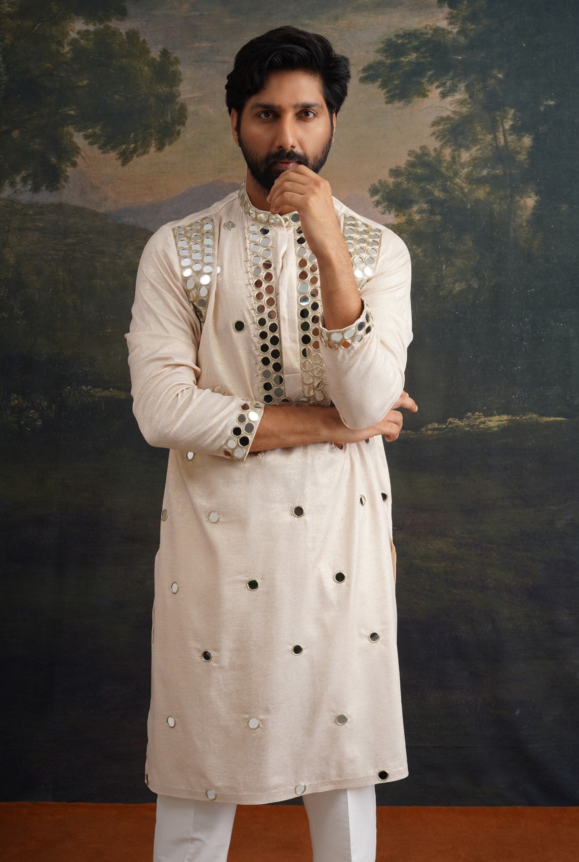 Ivory gold hand embroidred round mirror work kurta set