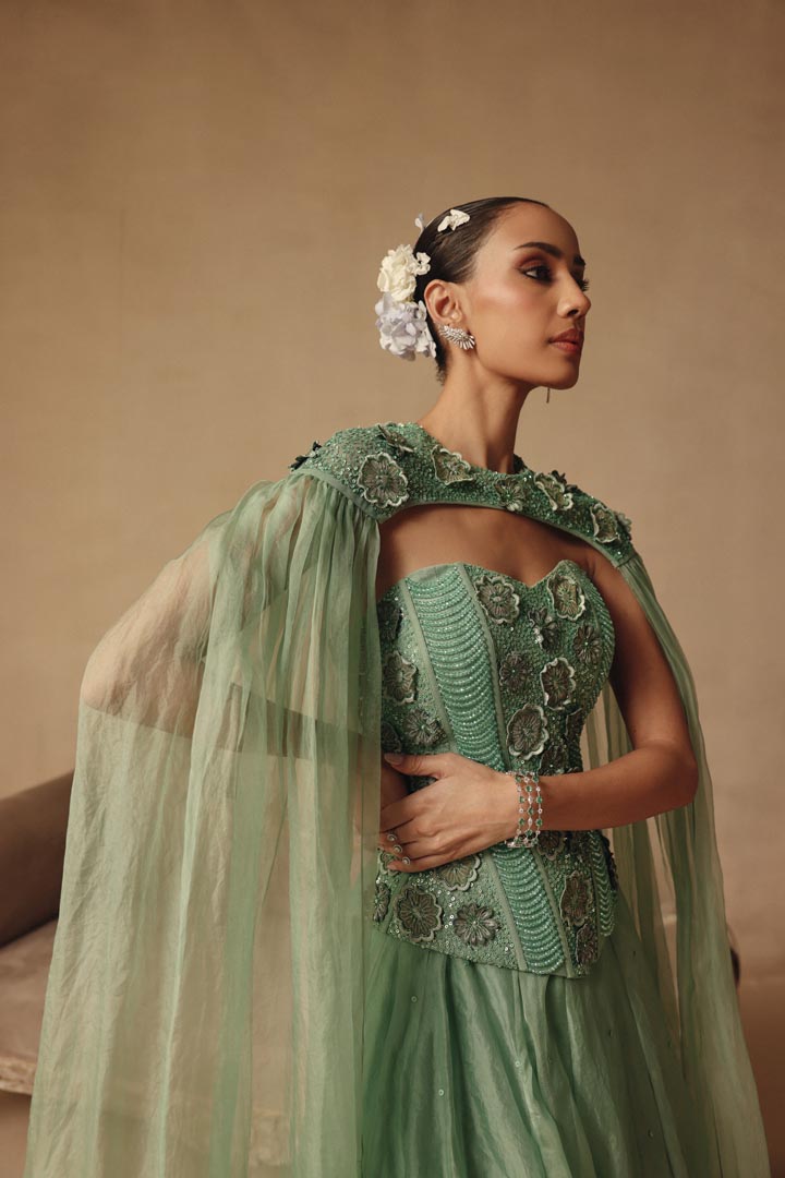 Corset with Cape Dupatta & 3D flowers Hand Embroidery Lehenga