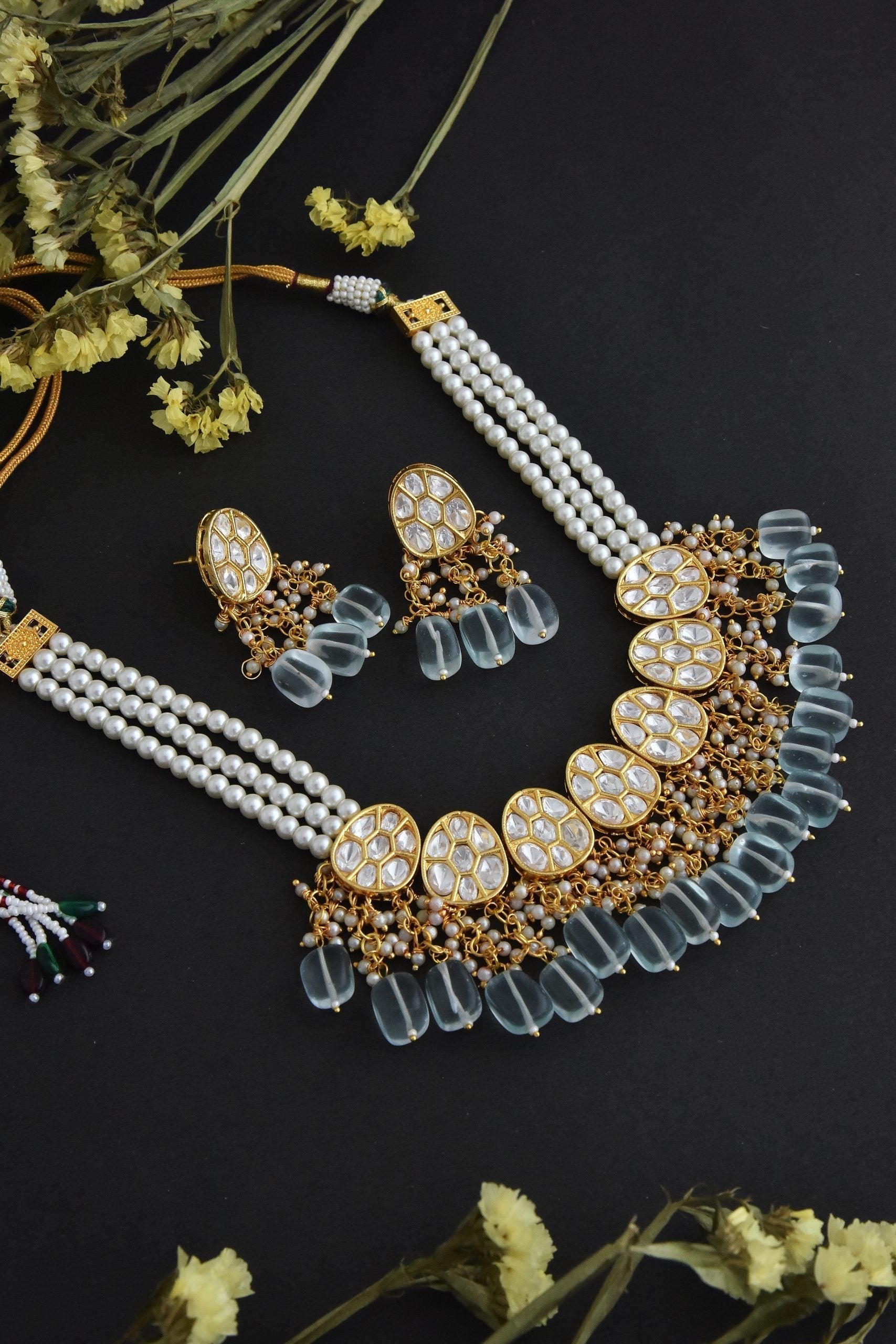 Mint Gold Tone Polki Necklace Set