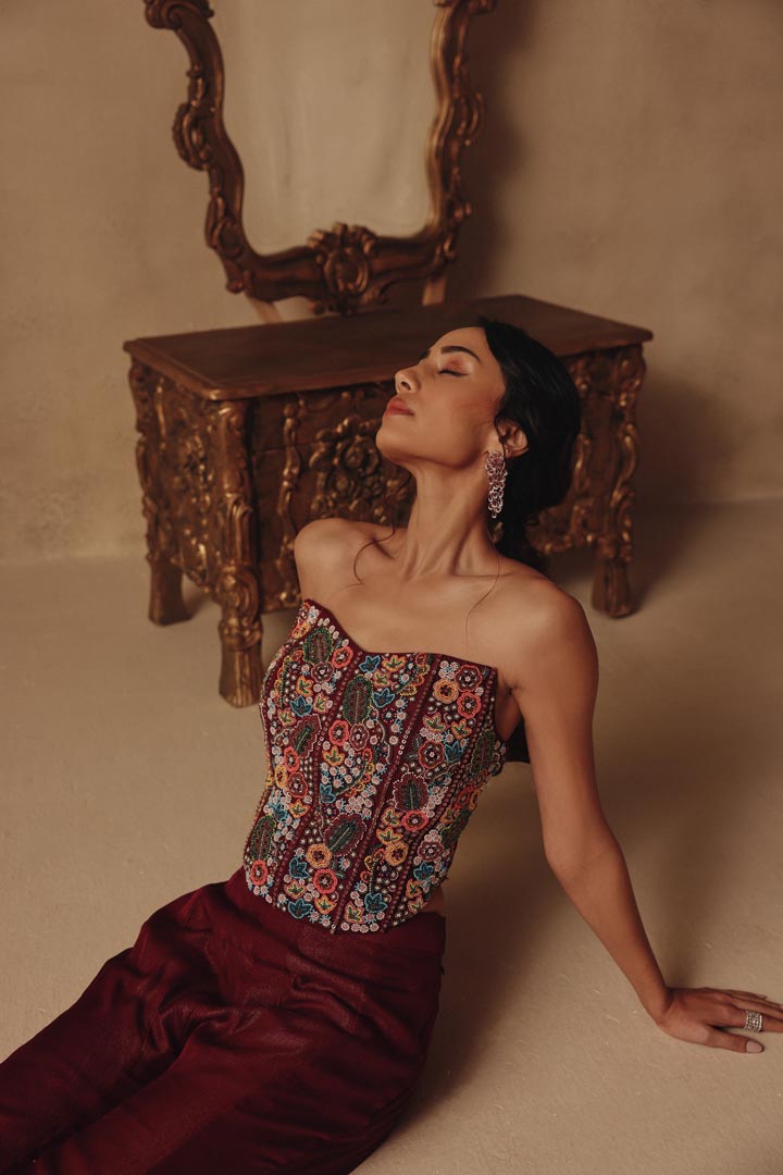 Wine Cape with Hand Embroidery corset along with Sharara pants
