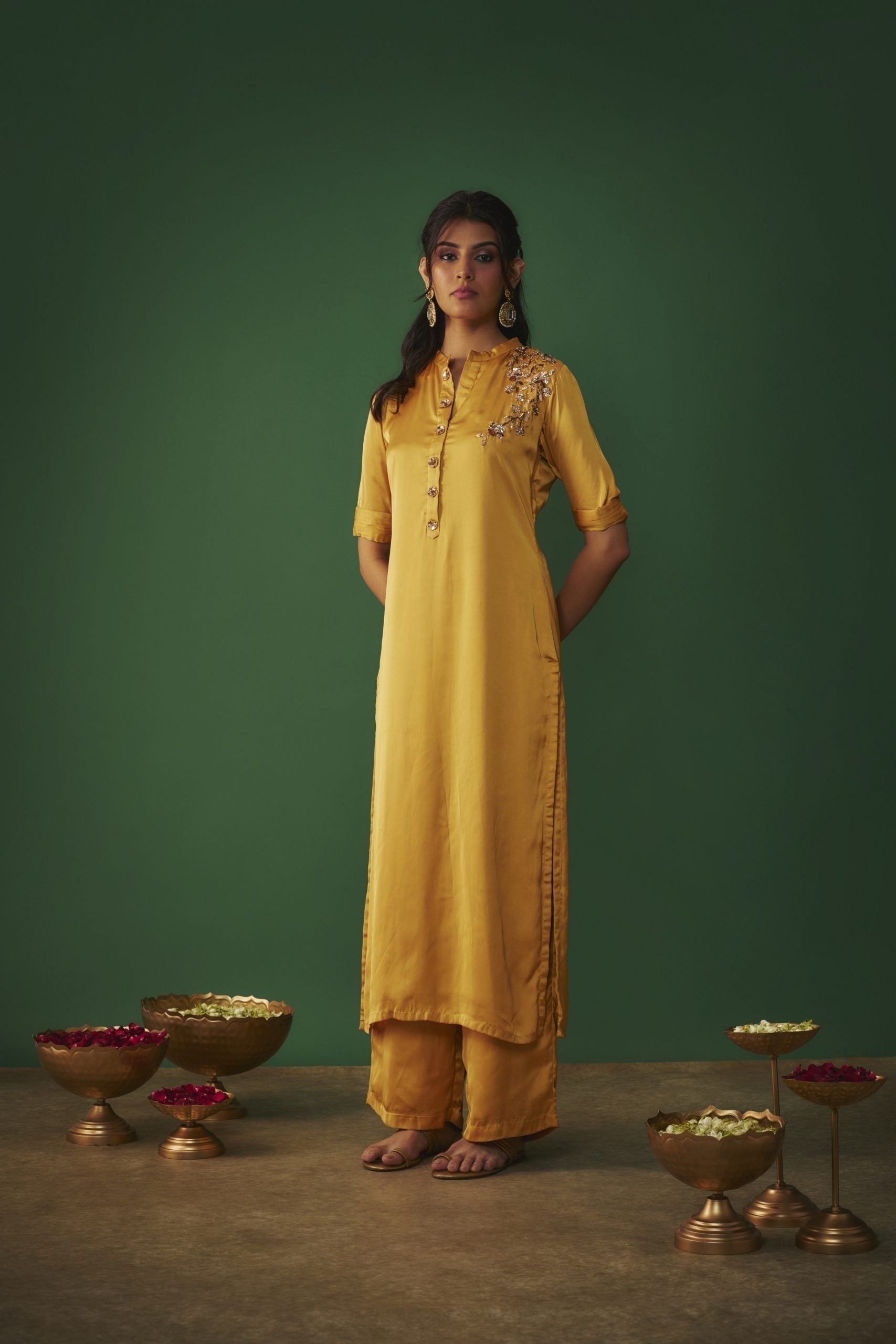 Image of MUSTARD YELLOW MUKAISH EMBRODIERED KURTA AND PANTS SET