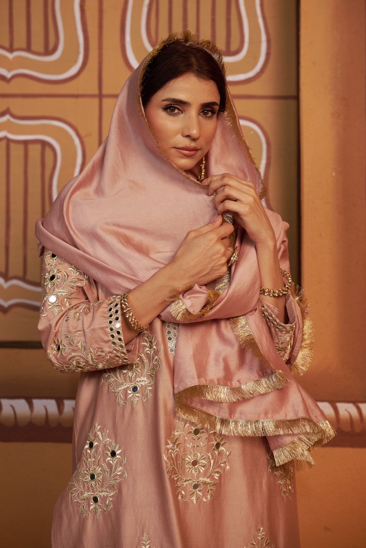 Maati - Onion pink jari buttis with mirror work kurta set