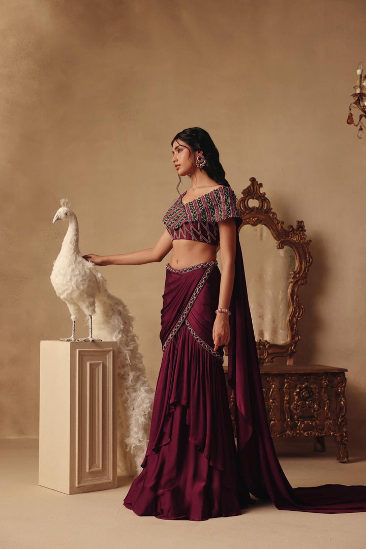 Wine Hand Embroidery Saree with Drape Skirt
