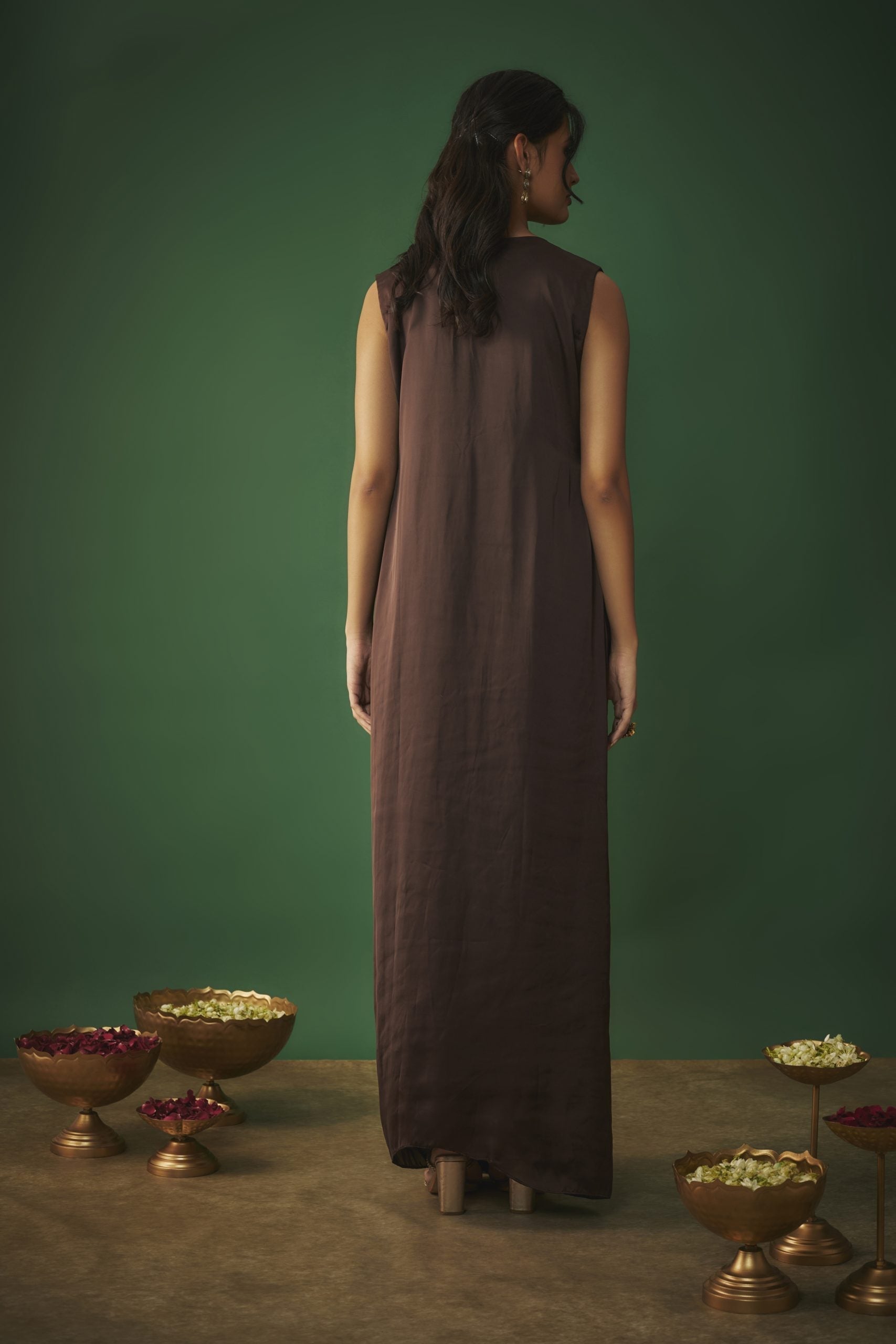 Image of CHOCOLATE BROWN MUKAISH EMBROIDERED DRAPED GOWN