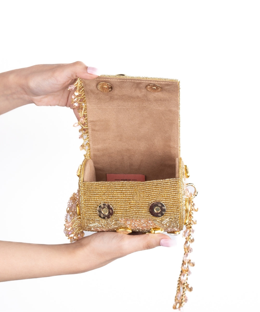 Rania Gold & Pink Georgette Embellished Cylinder Mini Bag