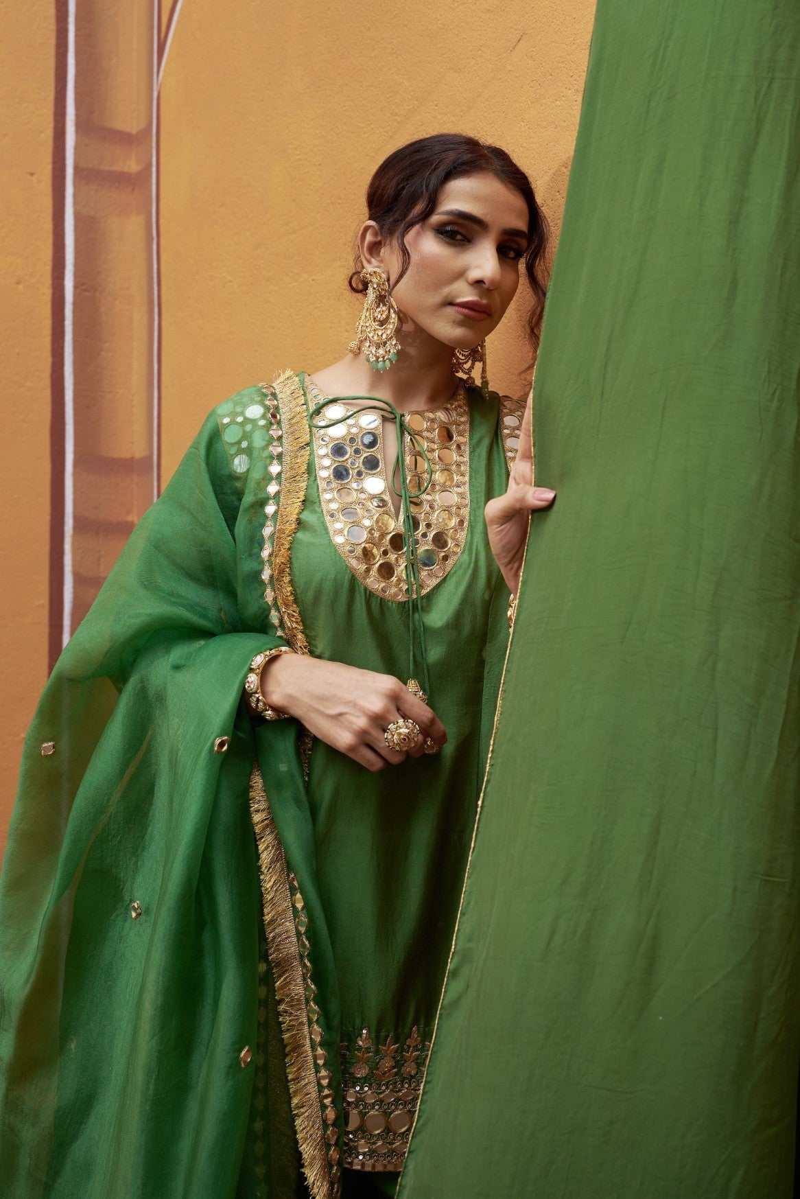 mirror work hand embroidry  green kurta set