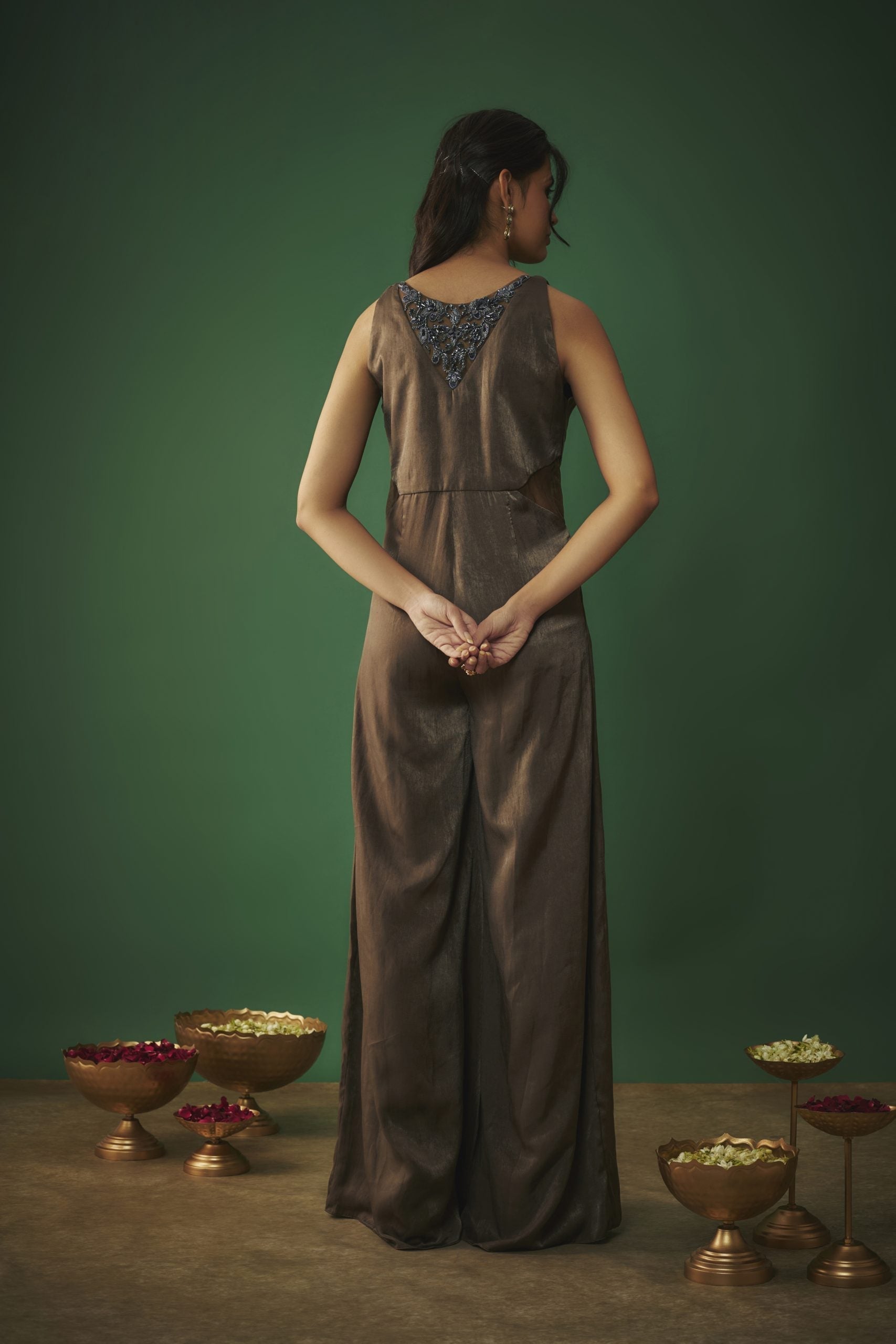 Image of GREY FLARED JUMPSUIT WITH EMBROIDERED NECK