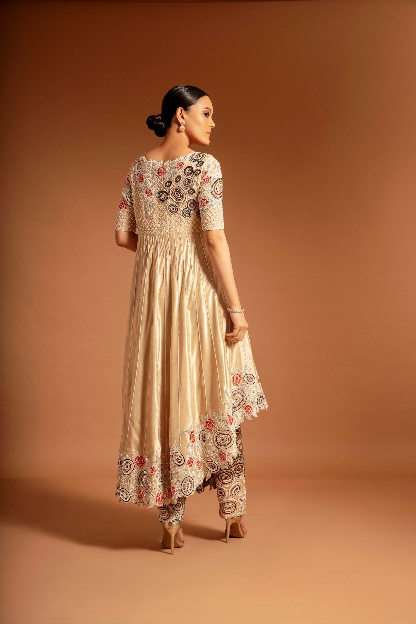 Ivory Ajrakh embroidered aasymmetric anarkali with pants