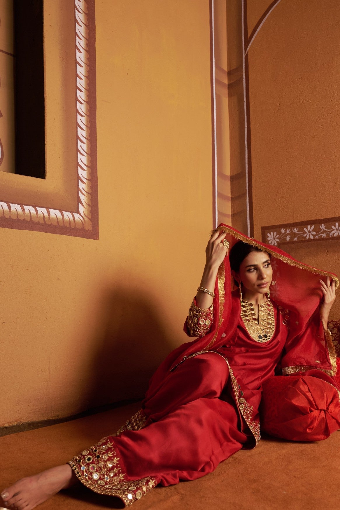 mirror work hand embroidry  red kurta set