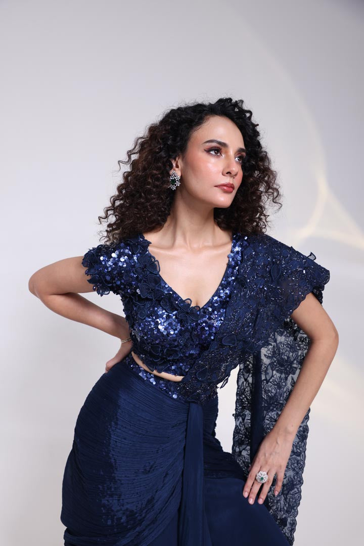 Navy Embellished Drape Saree AAD529BLUE