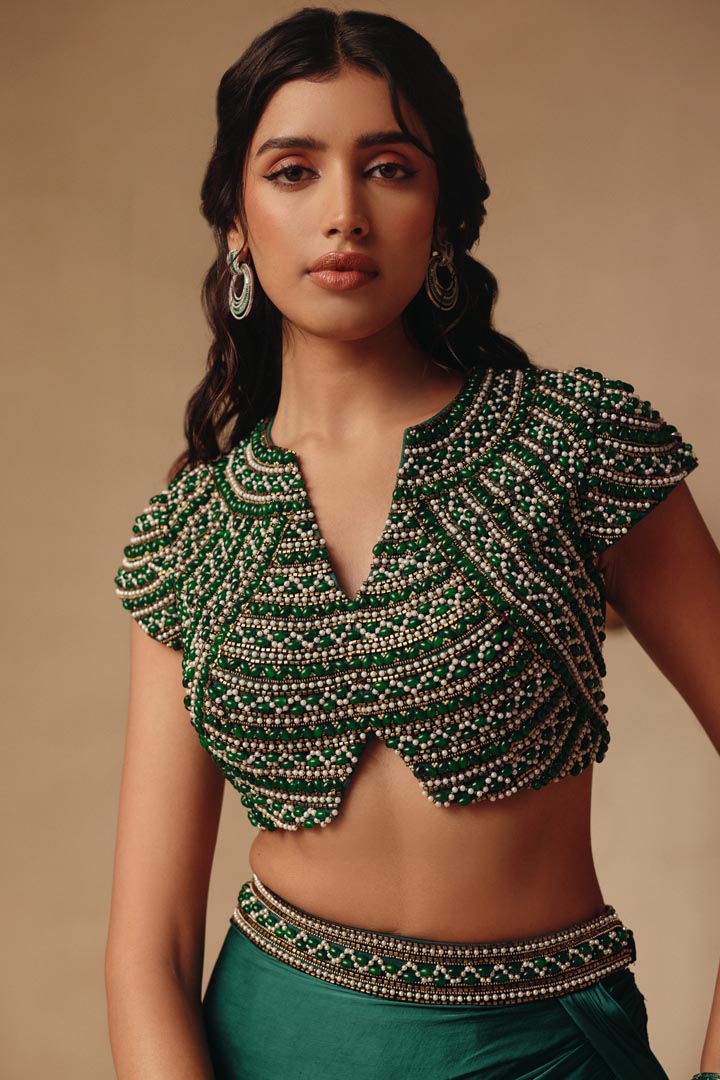 Emerald Cocktail Hand embroidered Drape Skirt set