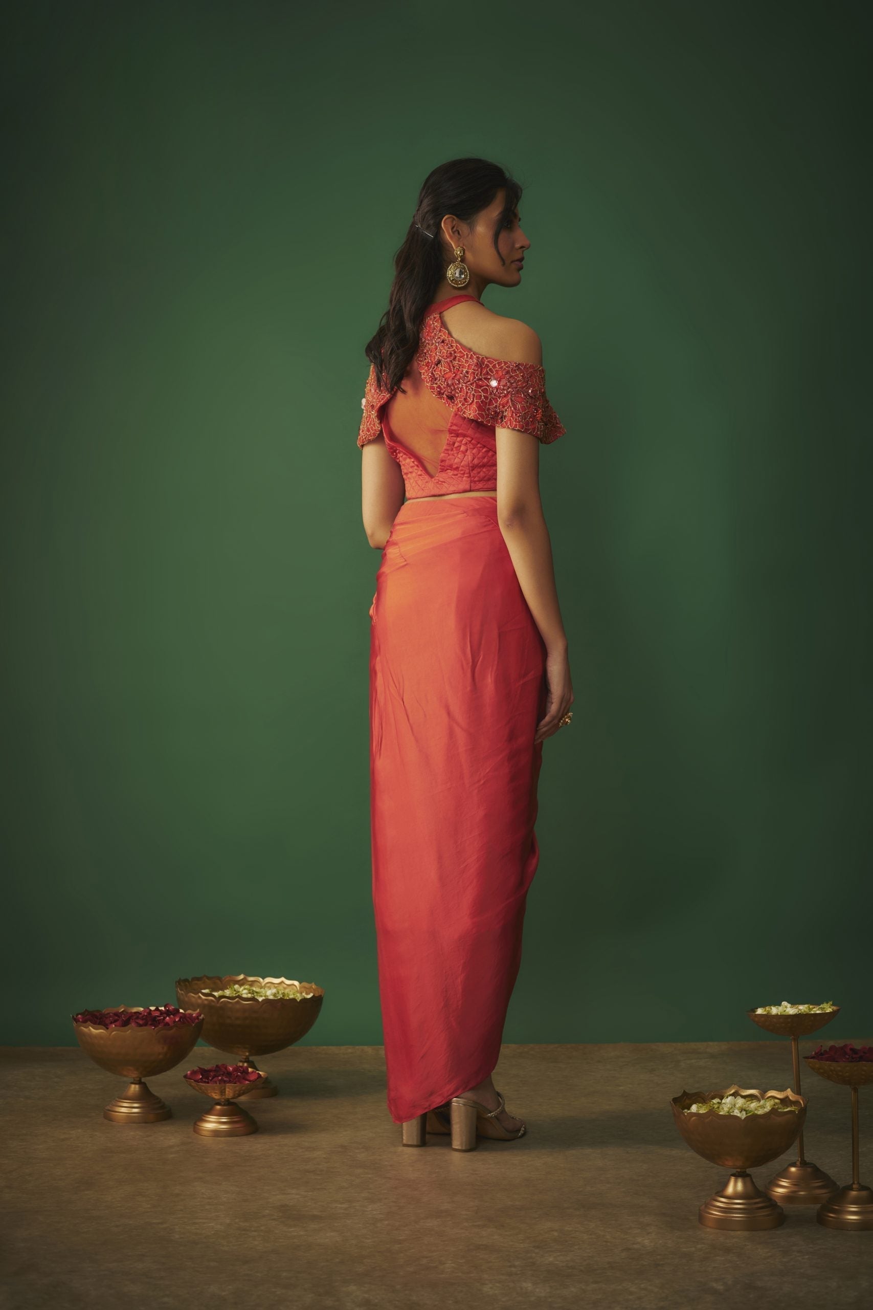 Image of ORANGE EMBROIDERED TOP AND DRAPED SKIRT SET