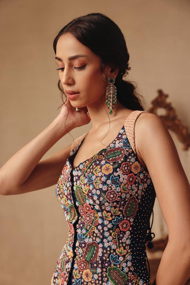 Elegant Dhoti Skirt with Long Blouse Hand embroidery Dori Back