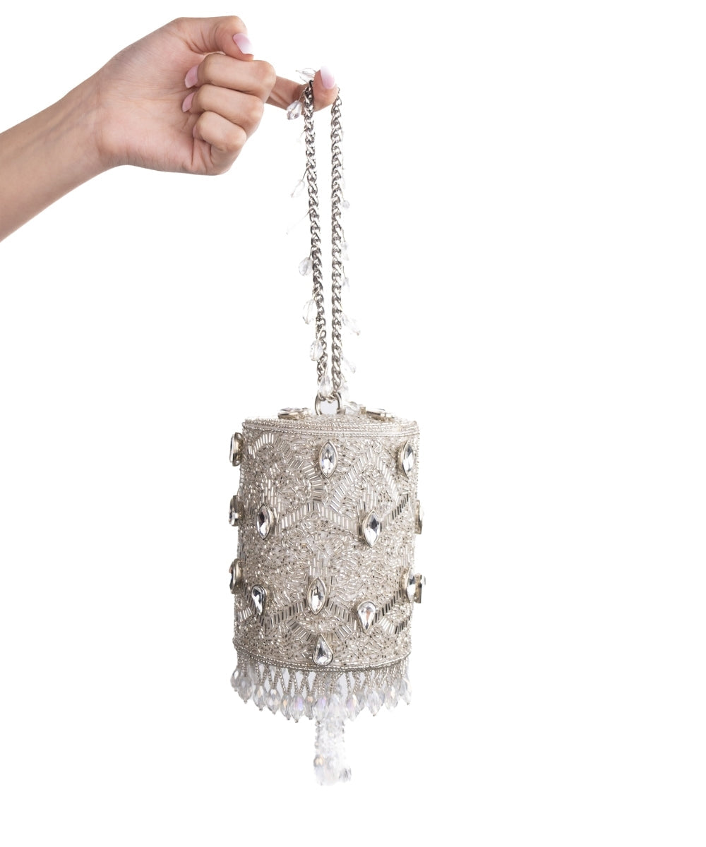 Rania Silver Georgette Embellished Cylinder Mini Bag