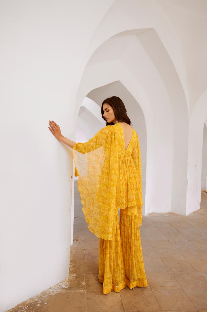 Image of Gulbahar Maigold Yellow the jugnu winged tunic & sharara set