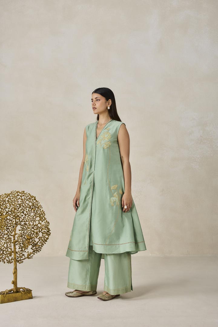 Sage Green Chanderi Applique Work Kurta Set for Festive Wear