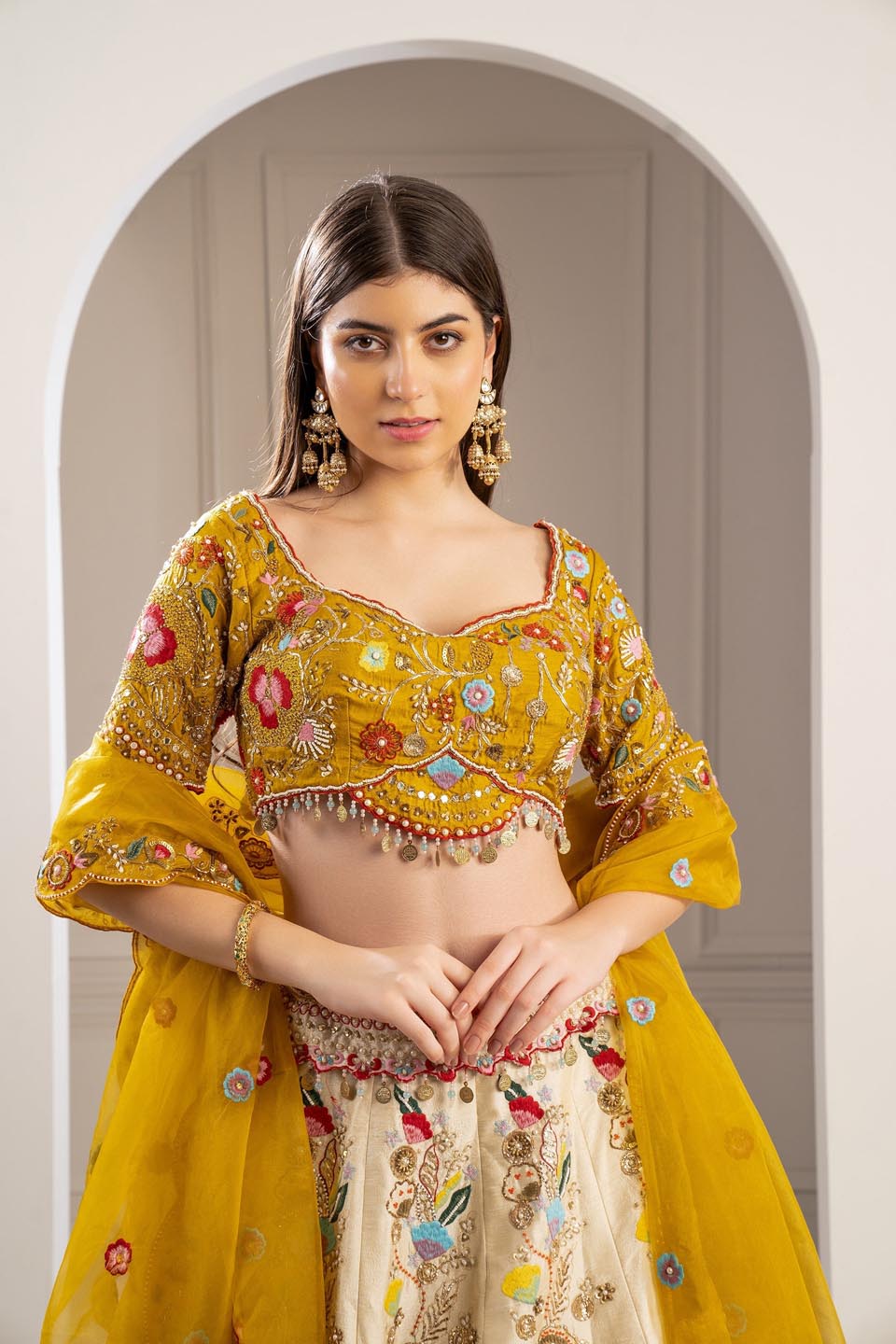 Bumblebee Yellow Heavily Embroidered Raw Silk Lehenga Set - Auraya Fashion -  - #tag1# - #tag2# - #tag3# - #tag3#