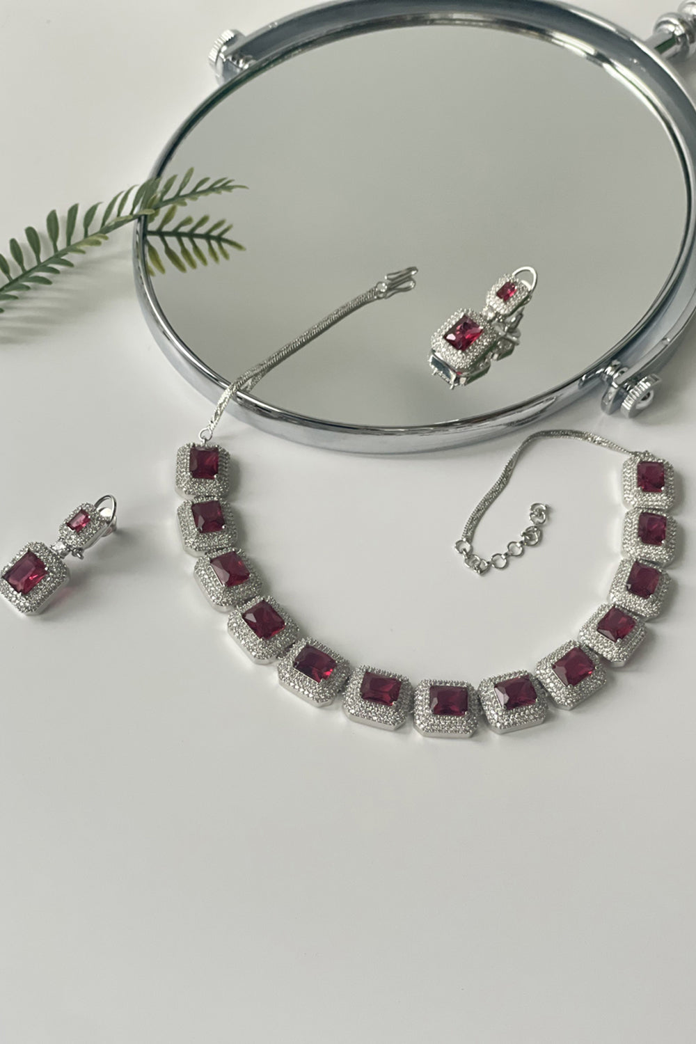 Rectangle Cut Red Synthetic Stone And Zircon Necklace Set - Auraya Fashion - Studio6 Jewels - #tag1# - #tag2# - #tag3# - #tag3#