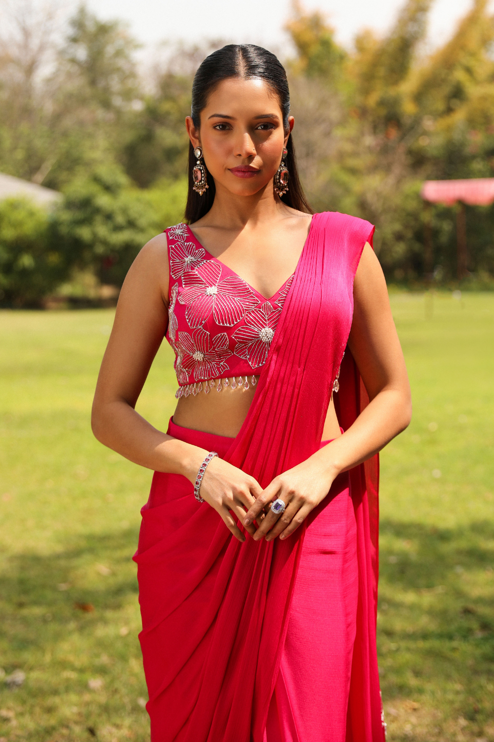 Rani Pink Piyari Drape Saree with Embellished Floral Blouse