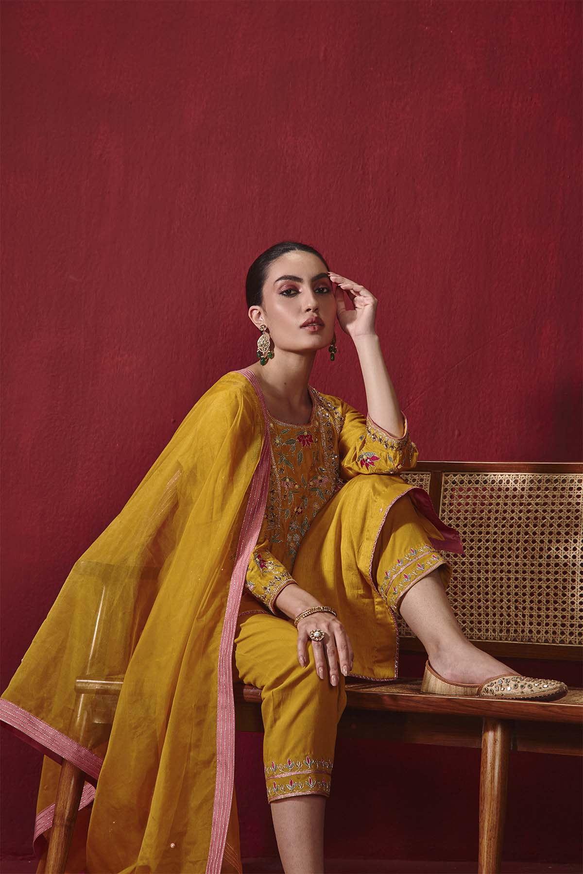 Mustard Dupion Silk Embroidered Kurta Set with Organza Dupatta