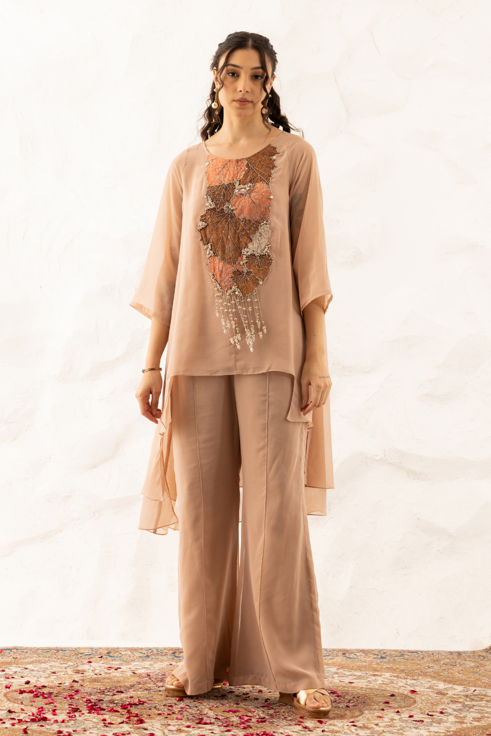 Kiara Co-ord Set – Nude Georgette Ensemble with Crystal Applique