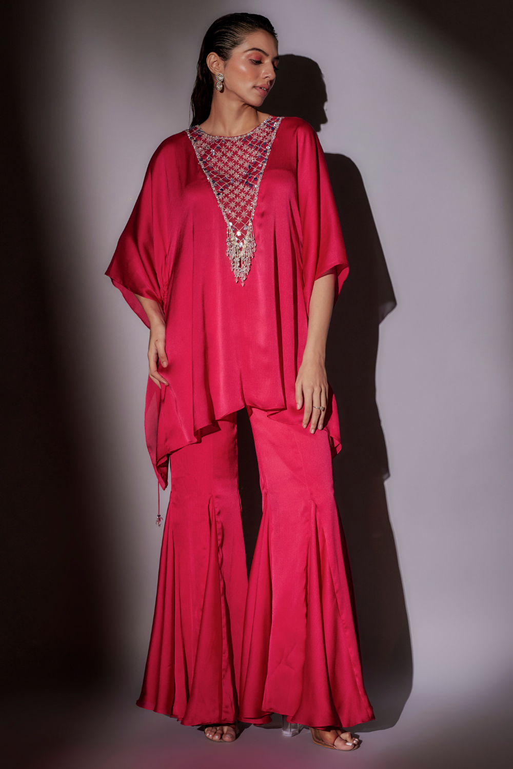 Flora Rani Pink Satin Chiffon Short Kaftan Set with Flared Sharara