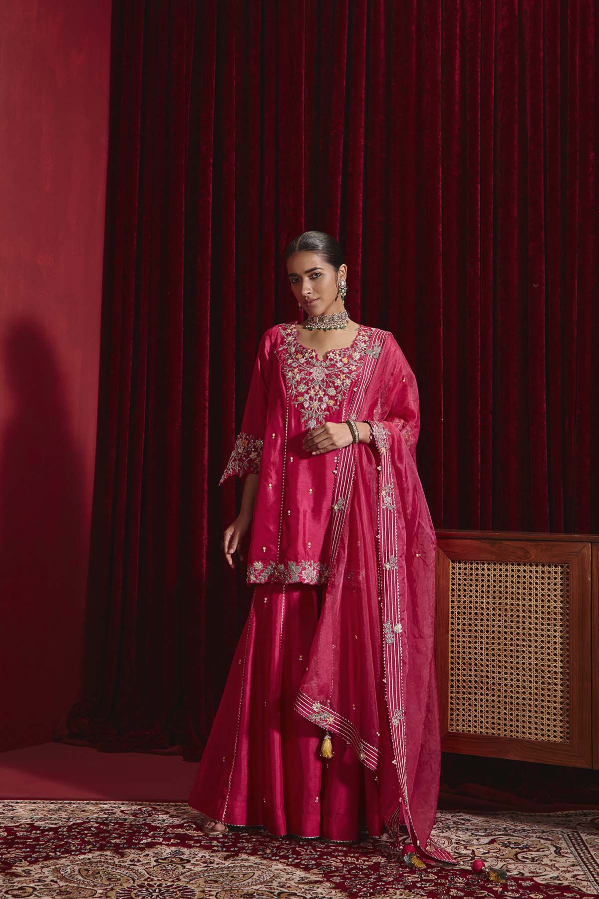 Rani Pink Embroidered Dupion Silk Kurta Garara Set - Barkat Collection