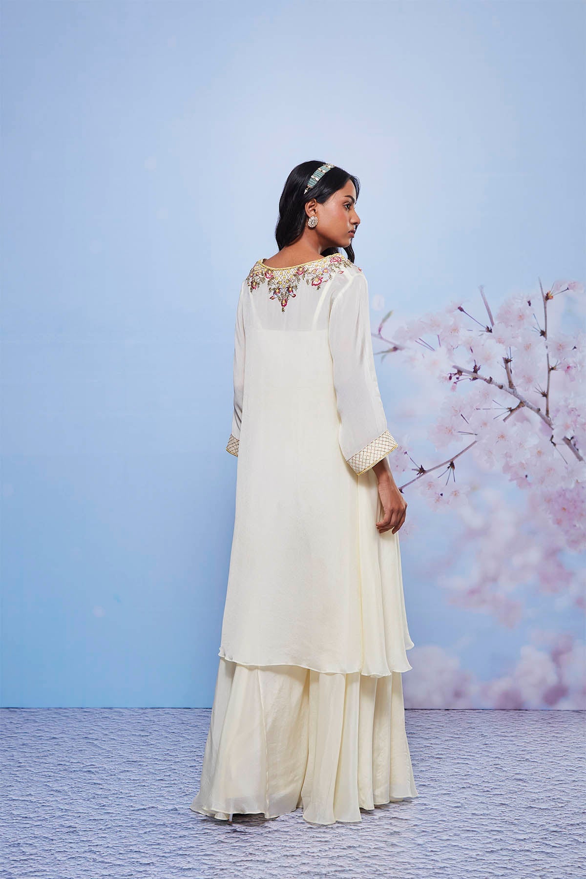 Ivory Asymmetrical Chiffon Kurta Set with Intricate Embroidery