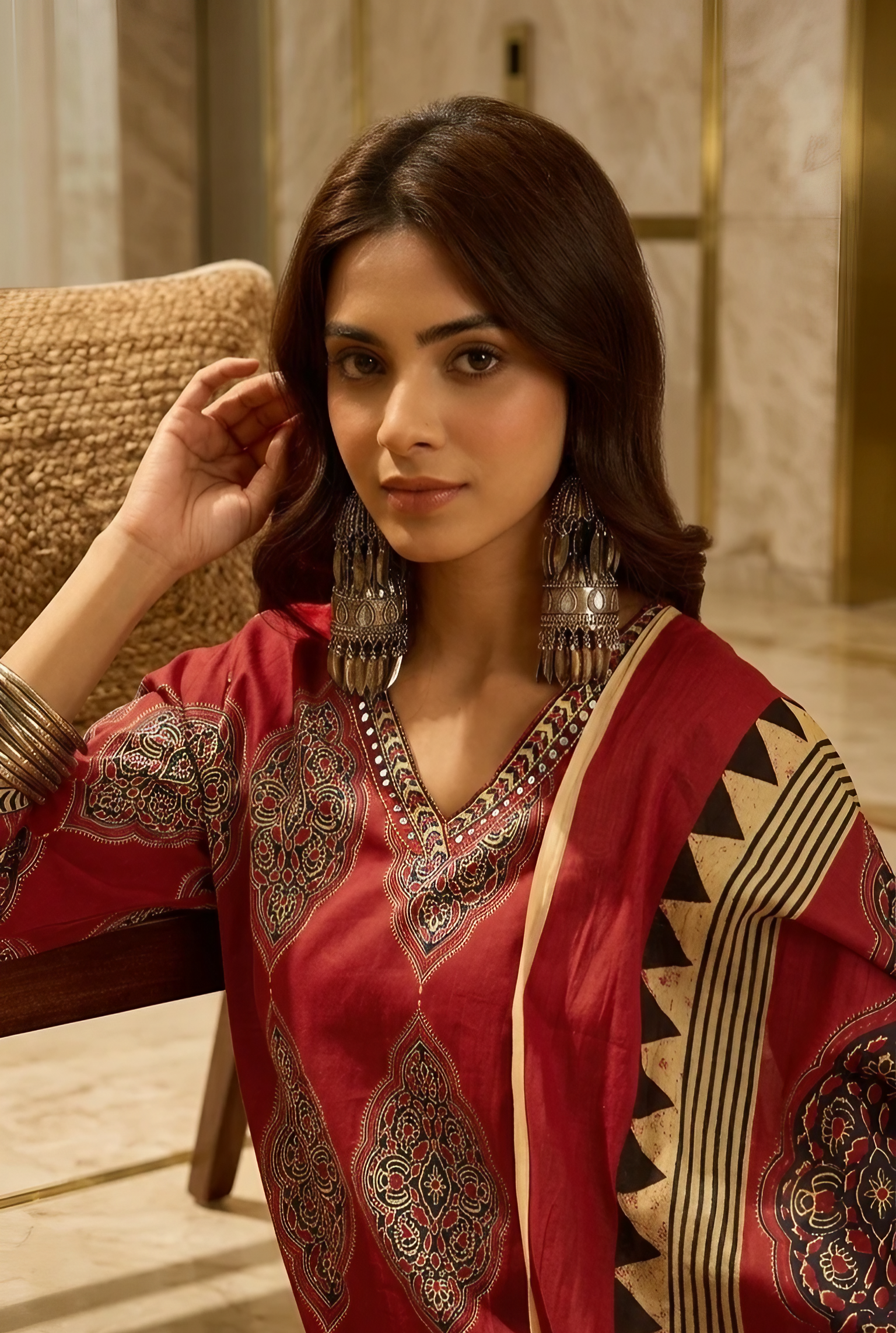 Women Pure Cotton Maroon Stitched Printed Kurta set with dupatta
