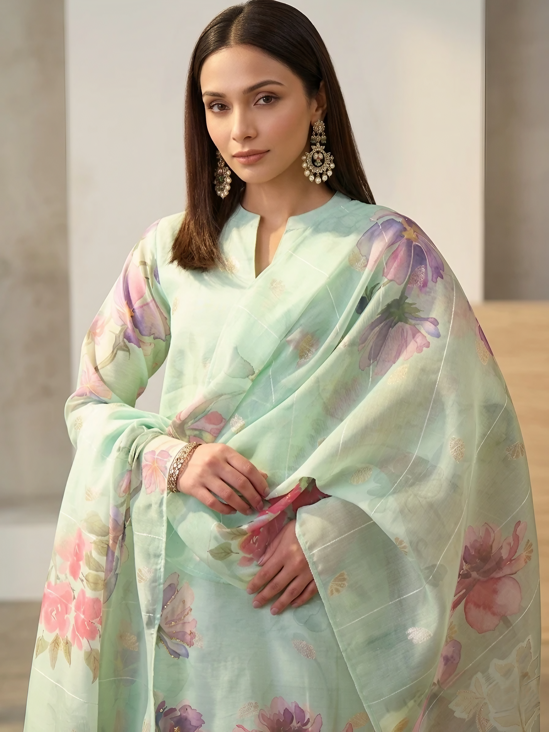 Women Chanderi Green Printed Stitched Kurta pant set
