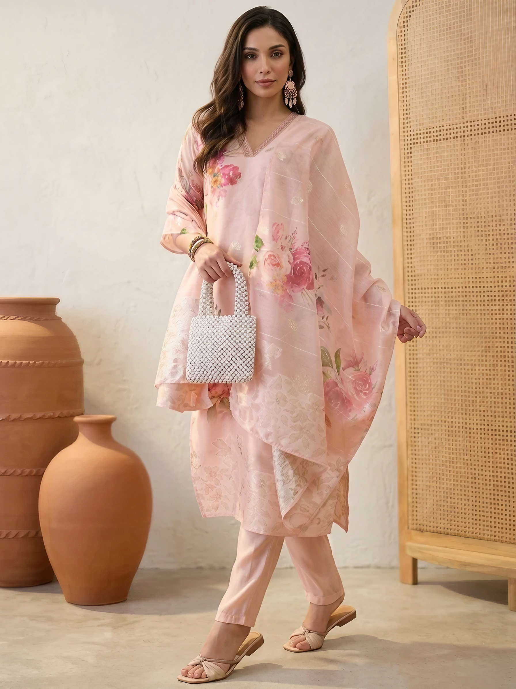 Women Chanderi Peach Printed Stitched Kurta pant set