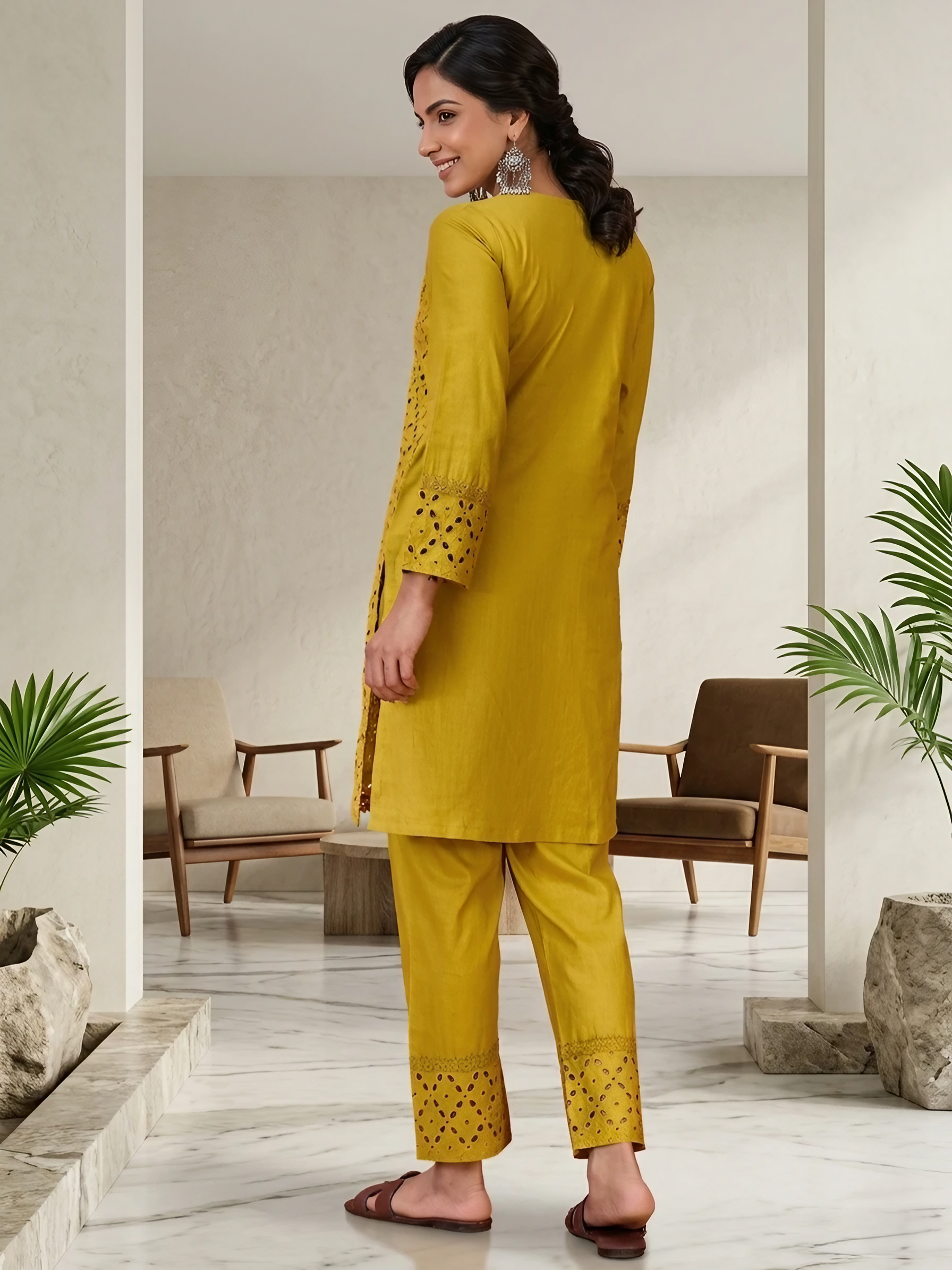 Women Pure Cotton Mustard Embroidery  Stitched Kurta pant set